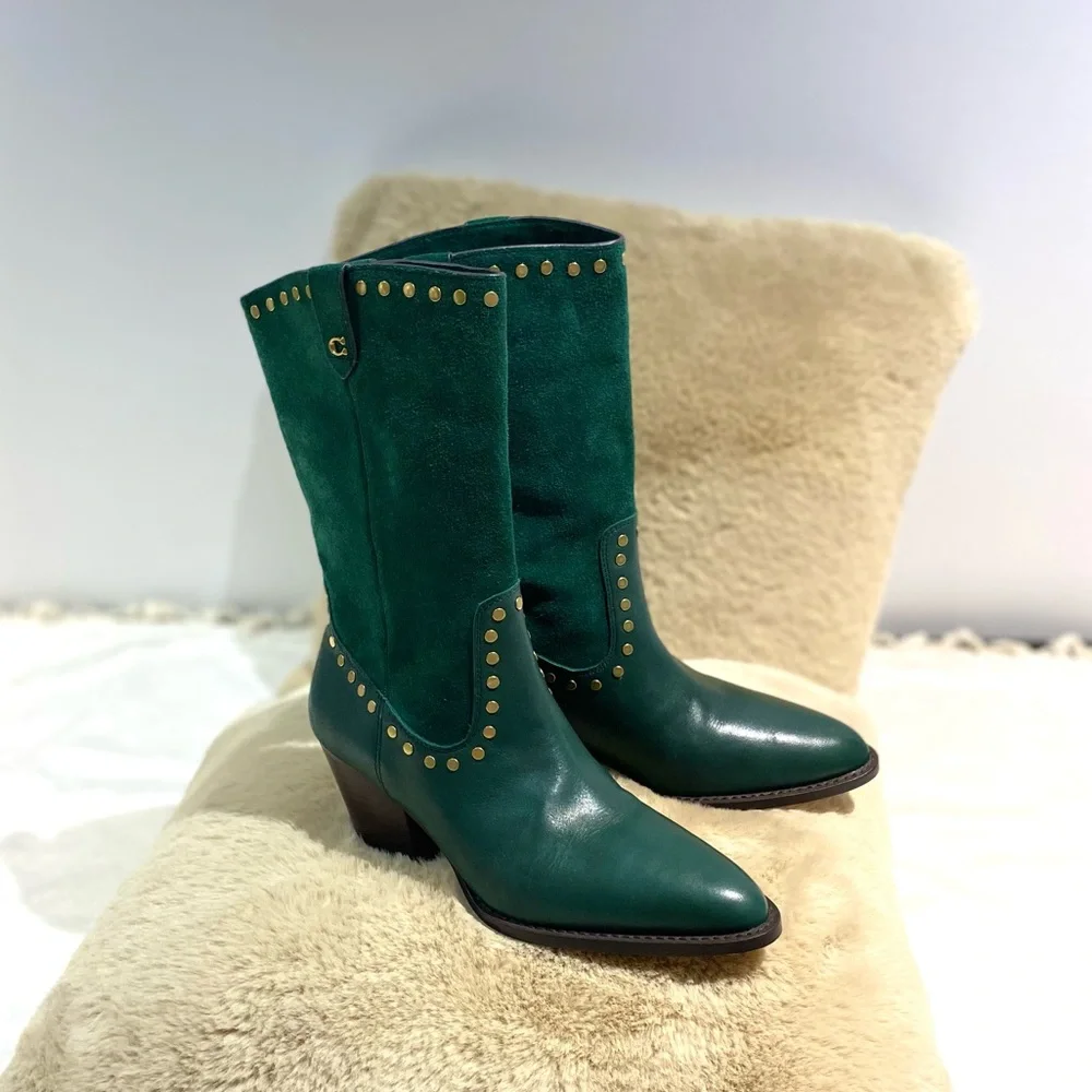 Coach Pheobe Green Leather & Suede Studded Women's Boots - Picture 4 of 10